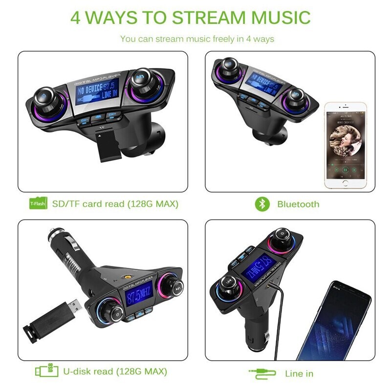 „Bluetooth 5.0“ automobilinis adapteris FM/AUX siųstuvo rinkinys MP3 grotuvas Automatinis belaidis laisvų rankų įrangos dvigubas USB įkroviklis LED ekranas