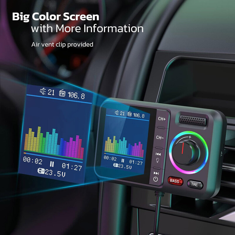 Belaidis FM siųstuvas su dideliu spalvotu ekranu 2.4A QC3.0 dvigubas USB greitas įkrovimas laisvų rankų įranga, skambučio automobilinis AUX adapteris MP3 muzikos grotuvas
