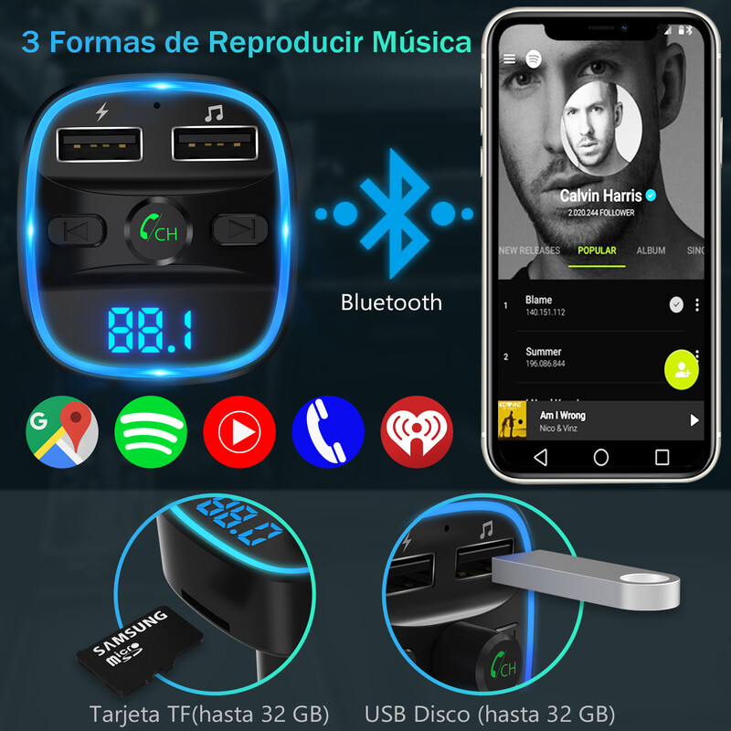 LENCENT Bluetooth FM adó vezeték nélküli rádióadapter autós készlet kettős USB töltővel, autós töltővel MP3 lejátszó támogatás TF kártya