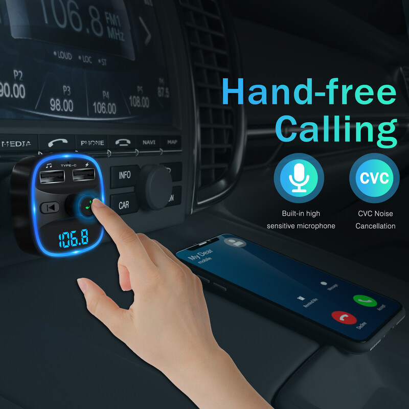 LENCENT Bluetooth FM adó vezeték nélküli rádióadapter autós készlet kettős USB töltővel, autós töltővel MP3 lejátszó támogatás TF kártya