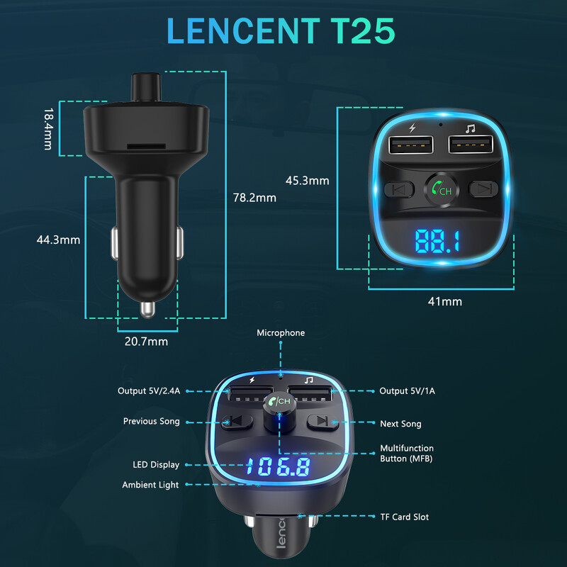 LENCENT Bluetooth FM adó vezeték nélküli rádióadapter autós készlet kettős USB töltővel, autós töltővel MP3 lejátszó támogatás TF kártya