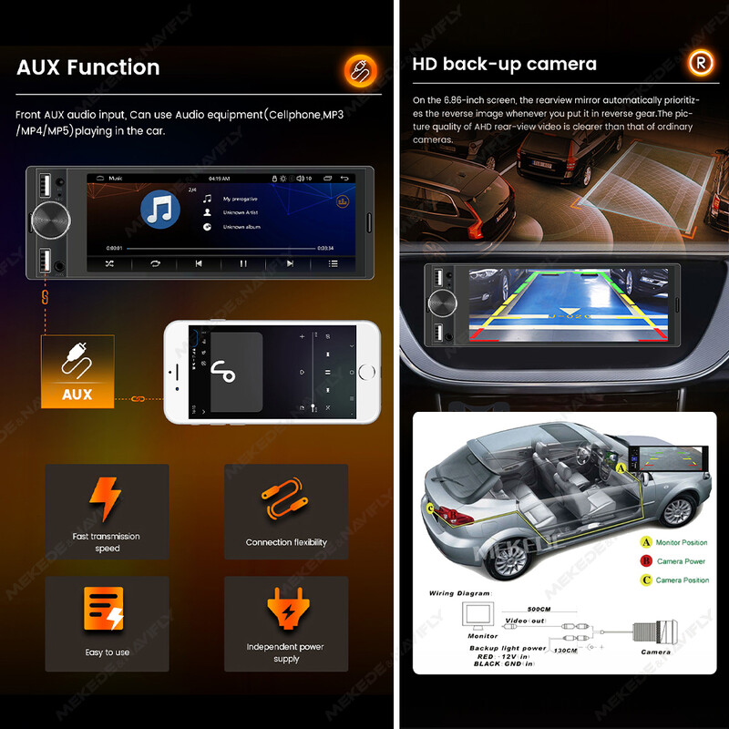 MEKEDE 6,86 hüvelykes 1 din Carplay Android Auto autórádió Multimédiás Video MP5 lejátszó BT FM sztereó USB Type-C csatlakozóval Autorádió