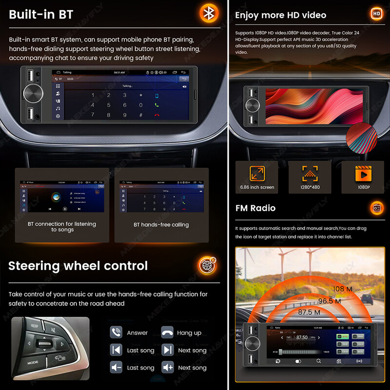 MEKEDE 6,86 hüvelykes 1 din Carplay Android Auto autórádió Multimédiás Video MP5 lejátszó BT FM sztereó USB Type-C csatlakozóval Autorádió