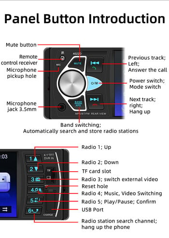 BQCC1 Din 4 ιντσών Ραδιόφωνο αυτοκινήτου Οθόνη HD Bluetooth Μουσική Handsfree MP5 Player TF USB Remote Audio System φόρτισης ISO Head Unit 4022D