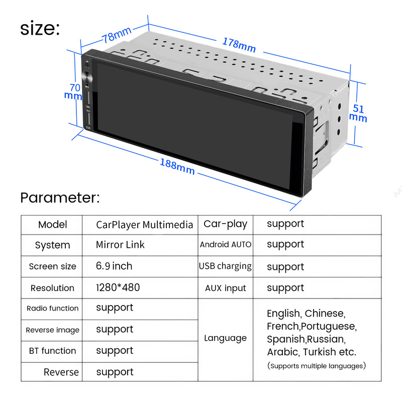 IPS 6,9 hüvelykes 1 din Carplay Android Auto autórádió Multimédiás Video MP5 lejátszó 1 Din DVD nélkül Bluetooth sztereó USB töltéssel