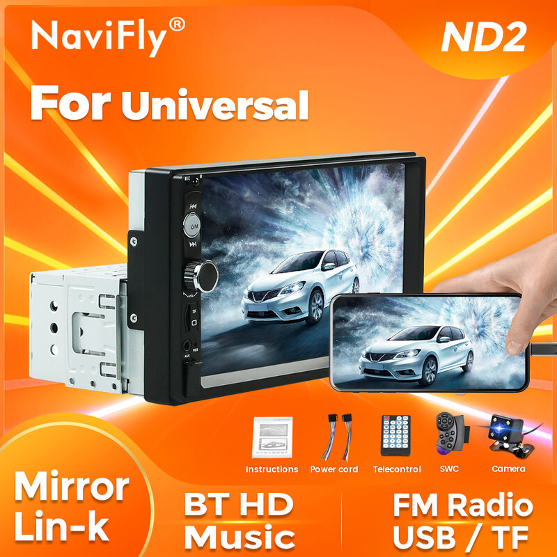 Navifly ND2 Universāls 1 Din Car Radio Stereo 7 collu HD skārienekrāna multivides atskaņotājs BT Autoaudio FM uztvērējs Mirror Link Monitor