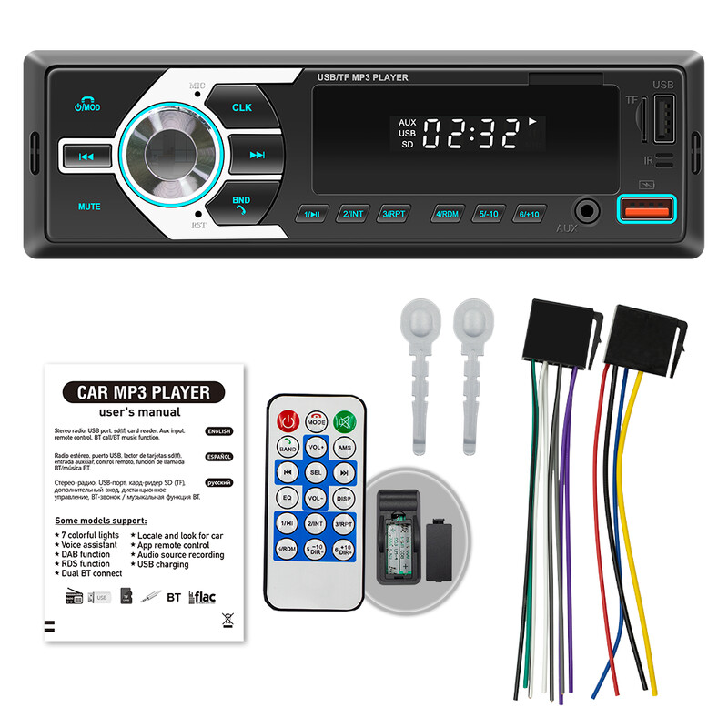 BQCC 1Din MP3 Autoradio FM USB TF AUX įvesties stereofoninis radijas Bluetooth Power Protect 7 spalvų lemputės Dual USB Multimedia Car Audio