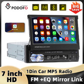 Podofo 1Din MP5-mängija Mirrorlink Multimeediumipleier Bluetooth FM USB EQ 4Core 7``Sissetõmmatava ekraaniga puuteekraaniga autoraadio