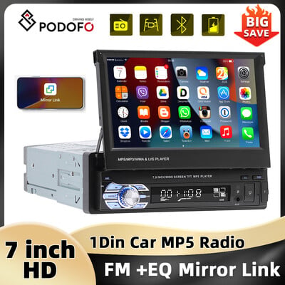 Podofo 1Din MP5 atskaņotājs Mirrorlink multivides atskaņotājs Bluetooth FM USB EQ 4Core 7`` izvelkams ekrāns skārienekrāna automašīnas radio