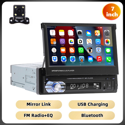 Podofo 1Din MP5-mängija Mirrorlink Multimeediumipleier Bluetooth FM USB EQ 4Core 7``Sissetõmmatava ekraaniga puuteekraaniga autoraadio