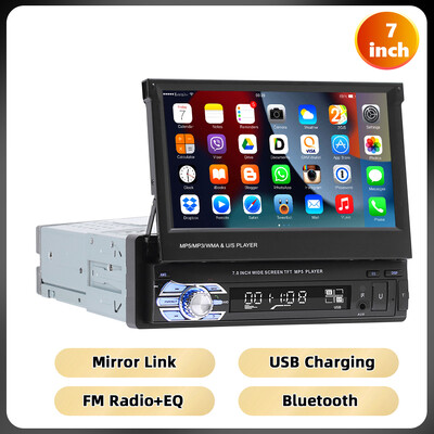 Podofo 1Din MP5-mängija Mirrorlink Multimeediumipleier Bluetooth FM USB EQ 4Core 7``Sissetõmmatava ekraaniga puuteekraaniga autoraadio