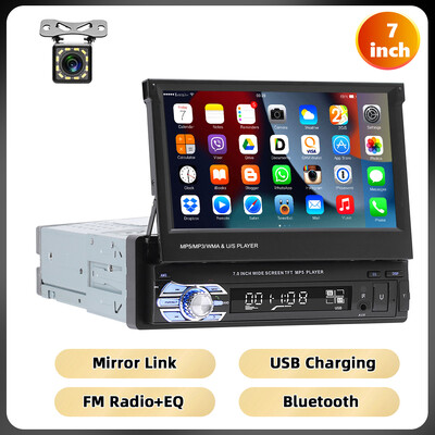 Podofo 1Din MP5-mängija Mirrorlink Multimeediumipleier Bluetooth FM USB EQ 4Core 7``Sissetõmmatava ekraaniga puuteekraaniga autoraadio