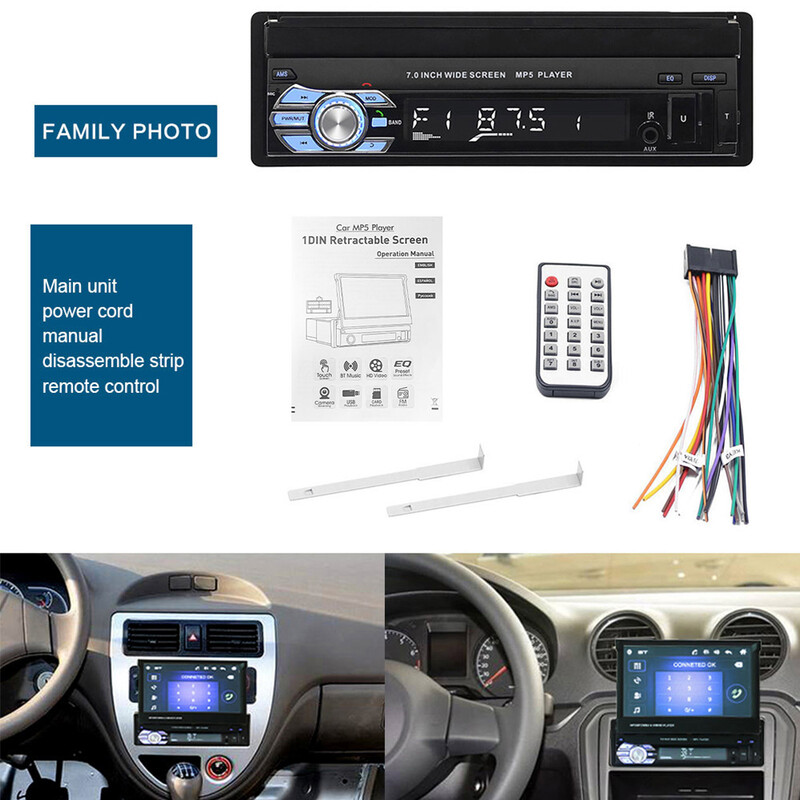 „Podofo 1Din“ MP5 grotuvas „Mirrorlink“ daugialypės terpės grotuvas „Bluetooth FM USB EQ 4Core 7“ ištraukiamas ekranas, jutiklinis ekranas, automobilio radijas