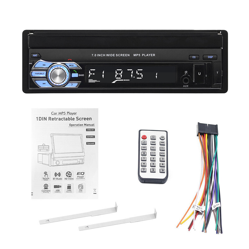 „Podofo 1Din“ MP5 grotuvas „Mirrorlink“ daugialypės terpės grotuvas „Bluetooth FM USB EQ 4Core 7“ ištraukiamas ekranas, jutiklinis ekranas, automobilio radijas