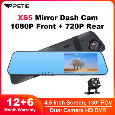 PSTIG XS5 HD 1080P 4,5 ιντσών Εγγραφή καθρέφτη Καθρέφτης Car Dash Cam Dual Lens Video Black Box Car DVR Dash Camera Loop Εγγραφή