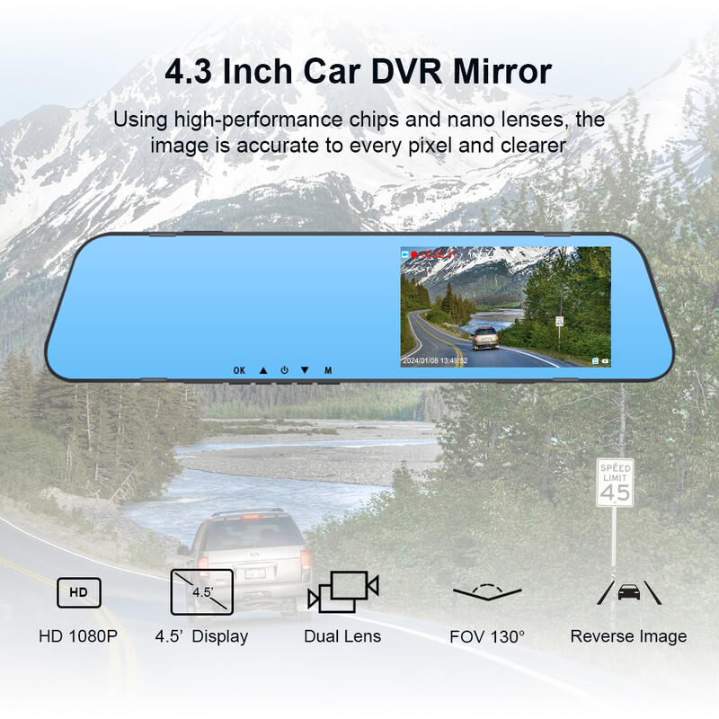 PSTIG XS5 HD 1080P 4,5 colio veidrodinis įrašymo įrenginys veidrodinis automobilio prietaisų skydelis, dviejų objektyvų vaizdo įrašas juodos dėžės automobilio DVR prietaisų skydelio kameros kilpos įrašymas