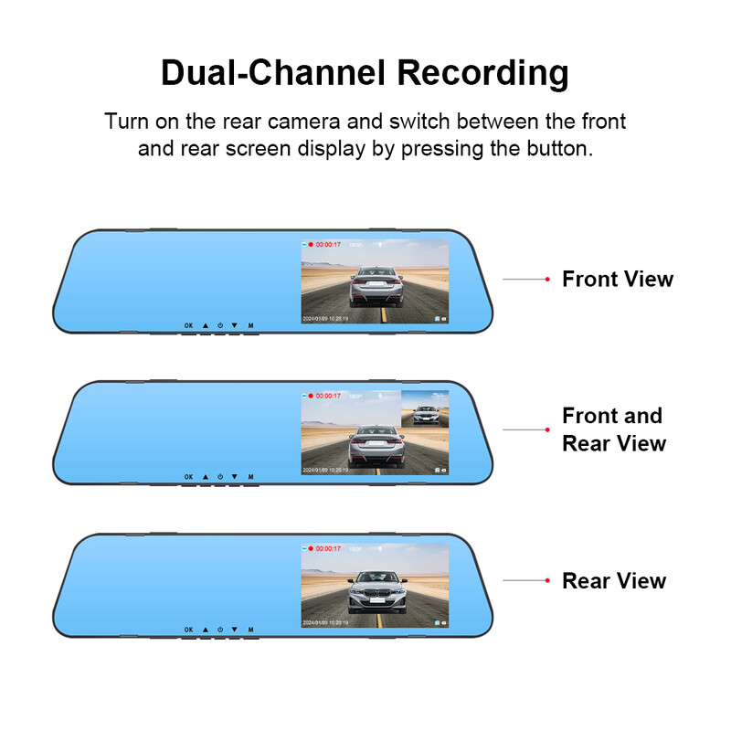 PSTIG XS5 HD 1080P 4,5 colio veidrodinis įrašymo įrenginys veidrodinis automobilio prietaisų skydelis, dviejų objektyvų vaizdo įrašas juodos dėžės automobilio DVR prietaisų skydelio kameros kilpos įrašymas