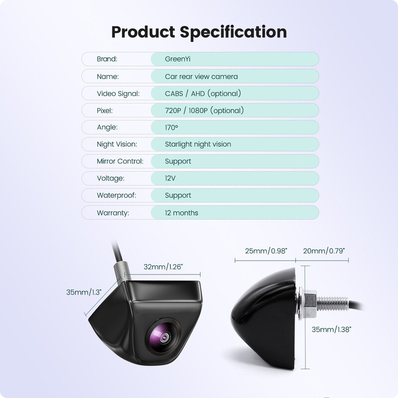 GreenYi AHD 1920x1080P automašīnas atpakaļskata kamera Full HD nakts redzamības 170° zivs acs objektīvs transportlīdzekļa atpakaļgaitas priekšējā kamera C818
