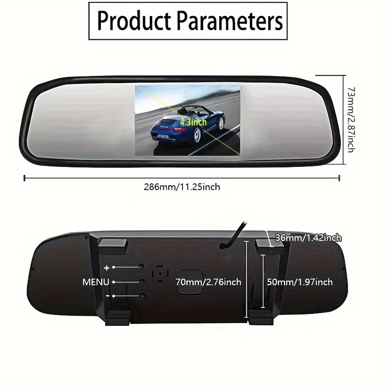 4,3 hüvelykes érintőképernyős 480p visszapillantó tükör monitor éjszakai látással, automatikus parkolási rendszerrel, tolató kamerával