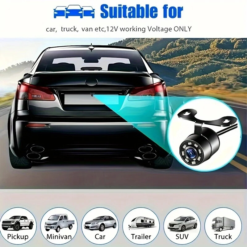 HD 480p rezerves kamera ar 8 LED nakts redzamības gaismām, universālu transportlīdzekļa stiprinājumu, platleņķa novietošanai stāvvietā