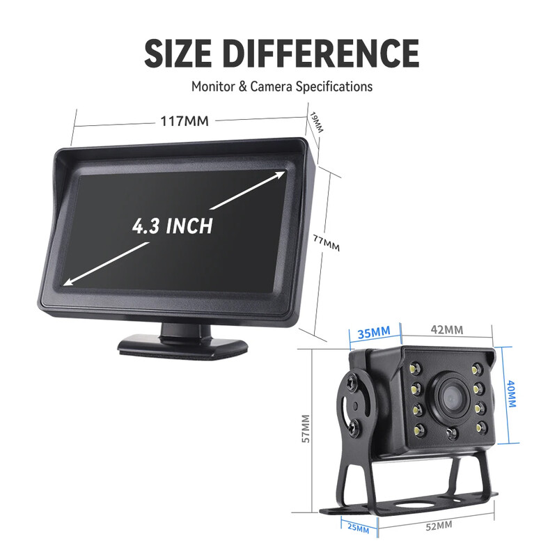KTYDKP automašīnas atpakaļskata kamera ar monitoru kravas automašīnu novietošanai 4,3 collu ekrāna aizmugurējā kamera 9-36 V nakts redzamības ērta uzstādīšana