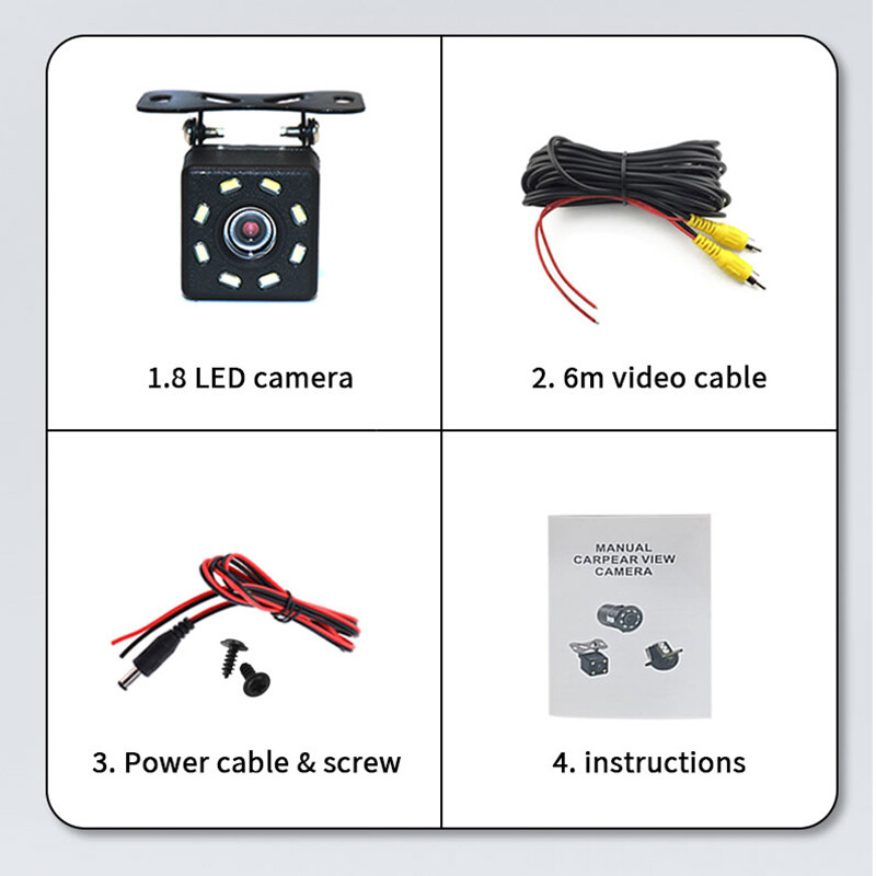 Automašīnas aizmugures skata atpakaļgaitas kamera 8 LED platleņķa HD ūdensnecaurlaidīga nakts redzamības universālā rezerves parkošanās kamera