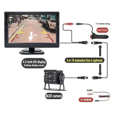 4,3-tolline AHD automonitor koos tahavaatekaameraga veoauto haagise parkimisekraanile 12–24 V LED-tagurduskaamera ekraan