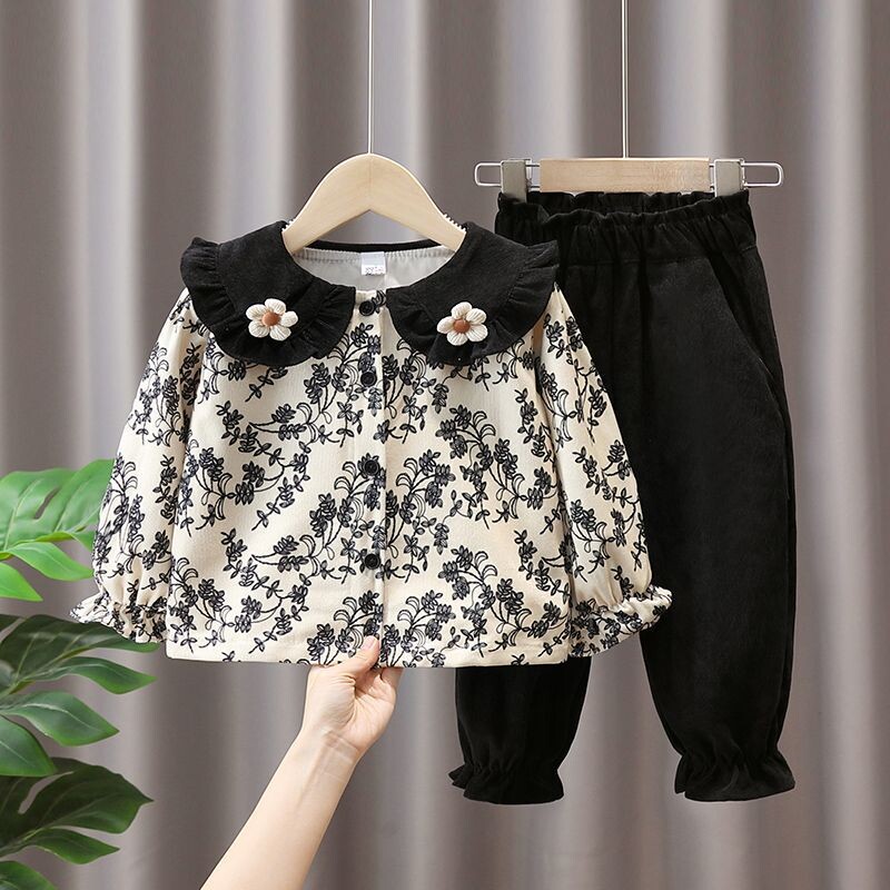 Rudens kostiumas mergaitei 2024 m. naujas miško vaikiškos gėlėtos viršūnėlės pavasario ir rudens stilingas dviejų dalių kostiumėlis mergaitei