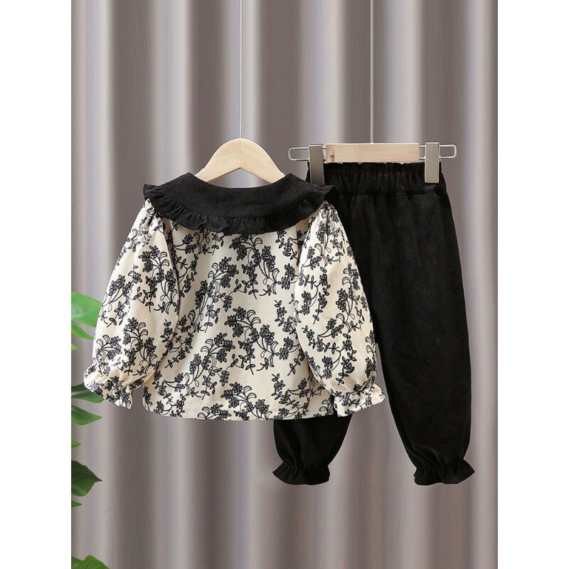 Rudens kostiumas mergaitei 2024 m. naujas miško vaikiškos gėlėtos viršūnėlės pavasario ir rudens stilingas dviejų dalių kostiumėlis mergaitei
