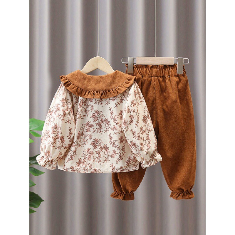 Rudens kostiumas mergaitei 2024 m. naujas miško vaikiškos gėlėtos viršūnėlės pavasario ir rudens stilingas dviejų dalių kostiumėlis mergaitei