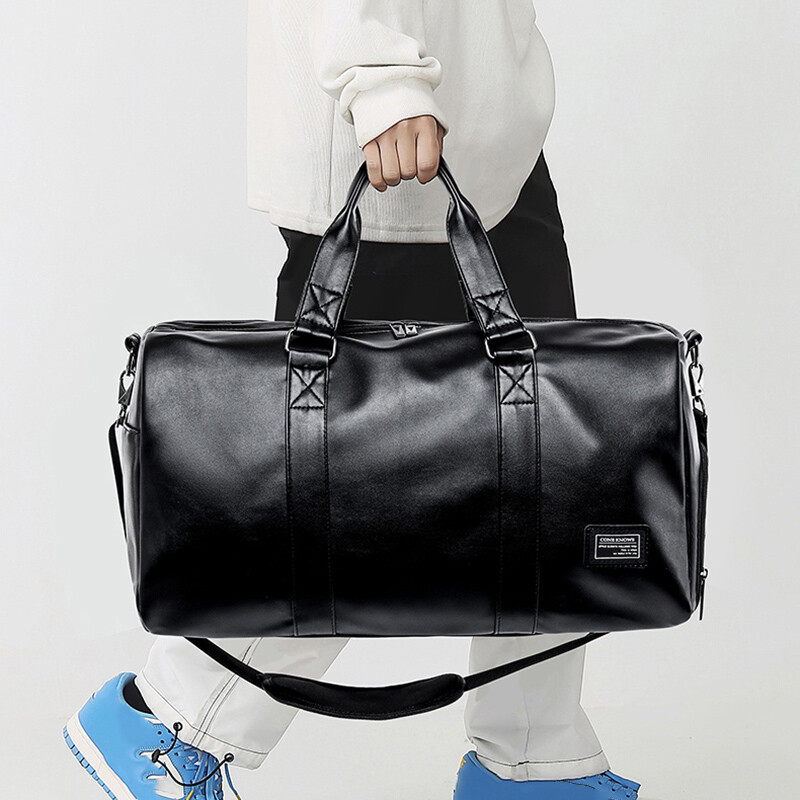 Liela sporta fitnesa soma ar apavu kabatu vīriešiem, melna mīksta āda, liela sporta rokassoma, āra sporta bagāžas komplekts, somas
