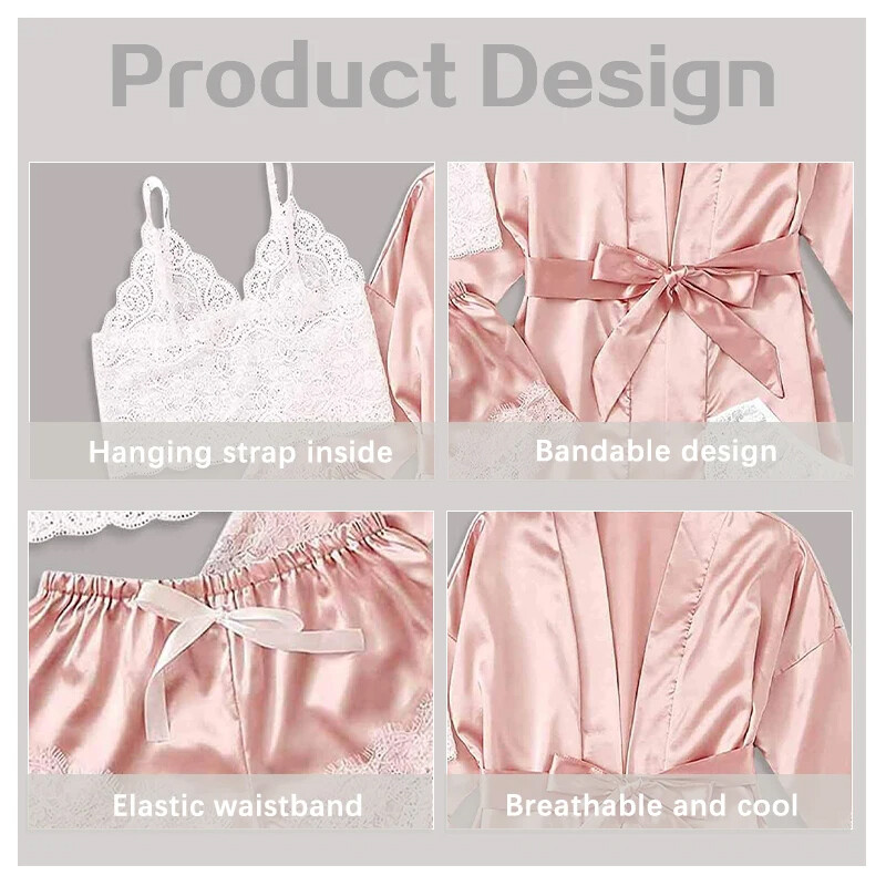 Négy részes női hálóruha szett Hálóruha csipkével párosítva, átlátszó szexi nadrágtartó, testhezálló fehérnemű hálóruha szett