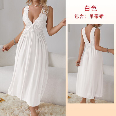 Seksīga naktskleita pidžama, garš naktskrekls, moderns mežģīnes Deep V guļamveļa mājas apģērba kleita sievietēm šifona kāzu nakts drēbes