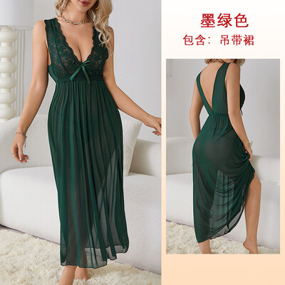 Seksīga naktskleita pidžama, garš naktskrekls, moderns mežģīnes Deep V guļamveļa mājas apģērba kleita sievietēm šifona kāzu nakts drēbes