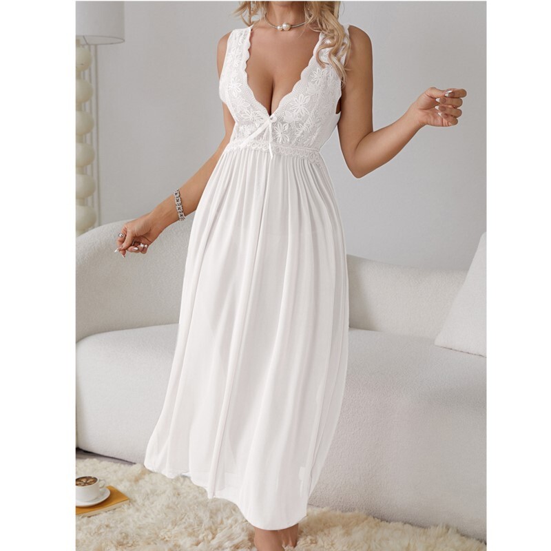 Seksīga naktskleita pidžama, garš naktskrekls, moderns mežģīnes Deep V guļamveļa mājas apģērba kleita sievietēm šifona kāzu nakts drēbes