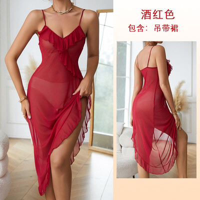 Seksīga naktsveļa sievietēm V veida kakla tīkla naktskrekli Līgavas halāts Vasaras pidžama Slim Slip naktskleita gara caurspīdīga volāniem guļamveļa