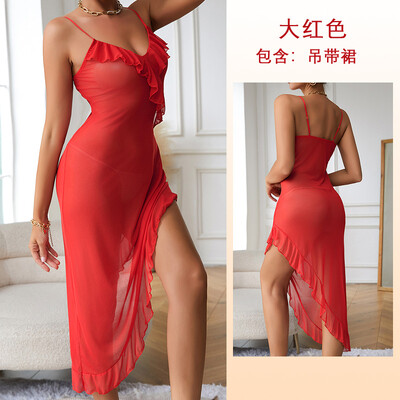 Seksīga naktsveļa sievietēm V veida kakla tīkla naktskrekli Līgavas halāts Vasaras pidžama Slim Slip naktskleita gara caurspīdīga volāniem guļamveļa