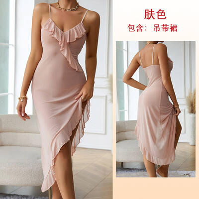 Seksīga naktsveļa sievietēm V veida kakla tīkla naktskrekli Līgavas halāts Vasaras pidžama Slim Slip naktskleita gara caurspīdīga volāniem guļamveļa