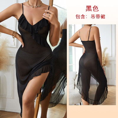 Seksīga naktsveļa sievietēm V veida kakla tīkla naktskrekli Līgavas halāts Vasaras pidžama Slim Slip naktskleita gara caurspīdīga volāniem guļamveļa