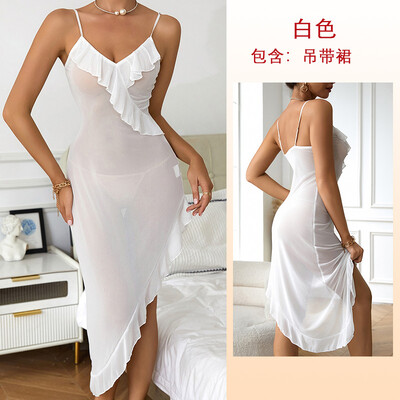 Seksīga naktsveļa sievietēm V veida kakla tīkla naktskrekli Līgavas halāts Vasaras pidžama Slim Slip naktskleita gara caurspīdīga volāniem guļamveļa