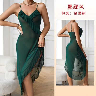 Seksīga naktsveļa sievietēm V veida kakla tīkla naktskrekli Līgavas halāts Vasaras pidžama Slim Slip naktskleita gara caurspīdīga volāniem guļamveļa