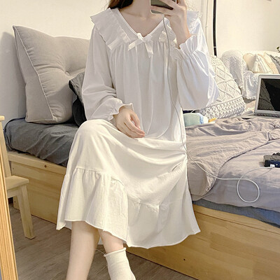 Naiste puuvillased öösärgid Uus pikkade varrukatega öökleit suur lahtine valge öösärk Naiste vabaaja öösärk Öösärk