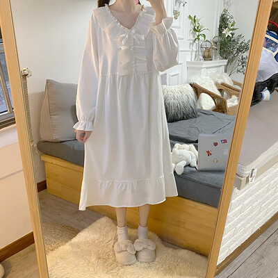 Naiste puuvillased öösärgid Uus pikkade varrukatega öökleit suur lahtine valge öösärk Naiste vabaaja öösärk Öösärk