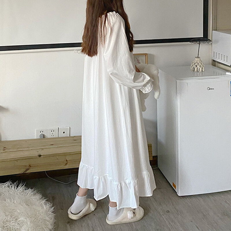 Naiste puuvillased öösärgid Uus pikkade varrukatega öökleit suur lahtine valge öösärk Naiste vabaaja öösärk Öösärk