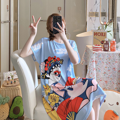 Didelio dydžio vasariniai laisvi moteriški naktiniai marškinėliai trumpomis rankovėmis Mieli animaciniai naktiniai marškiniai Mieli laisvalaikio miegmaišiai mergaičių nakvynė