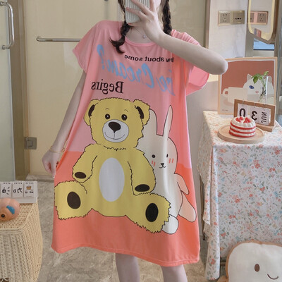 Didelio dydžio vasariniai laisvi moteriški naktiniai marškinėliai trumpomis rankovėmis Mieli animaciniai naktiniai marškiniai Mieli laisvalaikio miegmaišiai mergaičių nakvynė