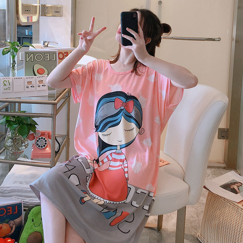 Didelio dydžio vasariniai laisvi moteriški naktiniai marškinėliai trumpomis rankovėmis Mieli animaciniai naktiniai marškiniai Mieli laisvalaikio miegmaišiai mergaičių nakvynė