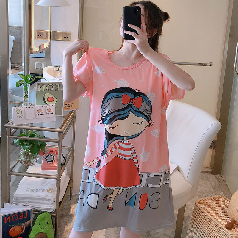 Didelio dydžio vasariniai laisvi moteriški naktiniai marškinėliai trumpomis rankovėmis Mieli animaciniai naktiniai marškiniai Mieli laisvalaikio miegmaišiai mergaičių nakvynė