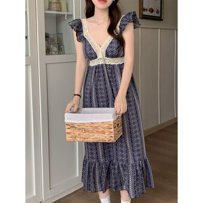 Mežģīņu guļamveļa, sieviete, muša, piedurknes, vasaras naktskrekls, korejiešu naktsveļa, nakts kleita ar V veida kakla izgriezumu, viengabala pidžama guļammājas apģērbam 2024. g.