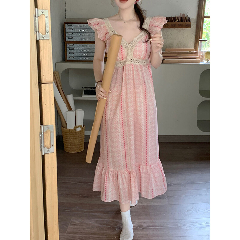 Mežģīņu guļamveļa, sieviete, muša, piedurknes, vasaras naktskrekls, korejiešu naktsveļa, nakts kleita ar V veida kakla izgriezumu, viengabala pidžama guļammājas apģērbam 2024. g.